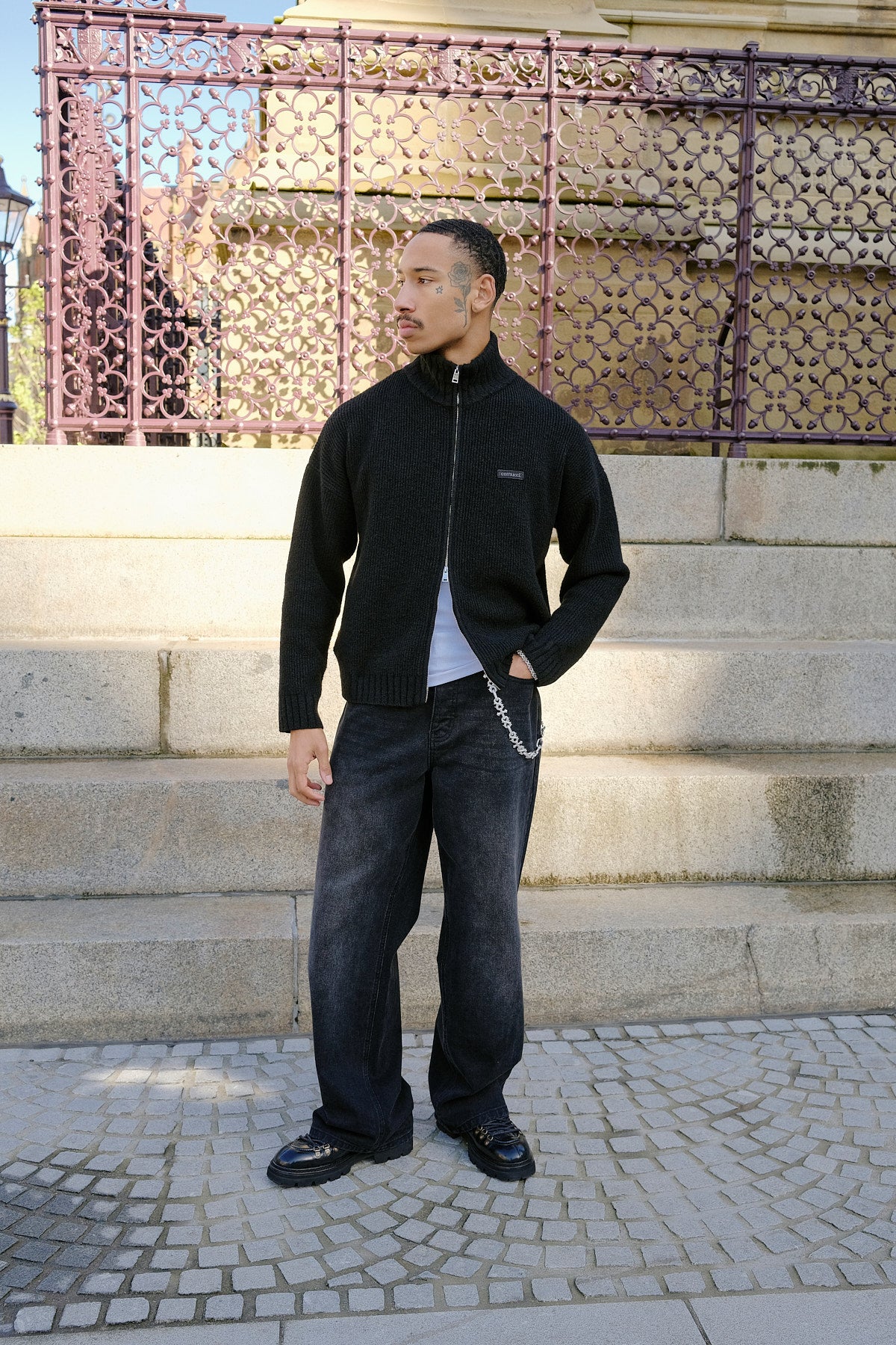Chunky Knitted Funnel Neck Zip Through - Black